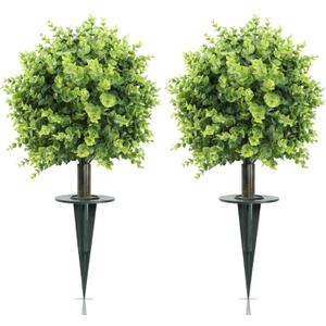 2 Pack Artificial Eucalyptus Topiary Ball Tree - 24" Artificial Plants for Yard with Ground Spike, UV Resistant Fake Plants Bushes Outdoor Greenery Shrubs for Front Porch Garden Enterway Home Decor