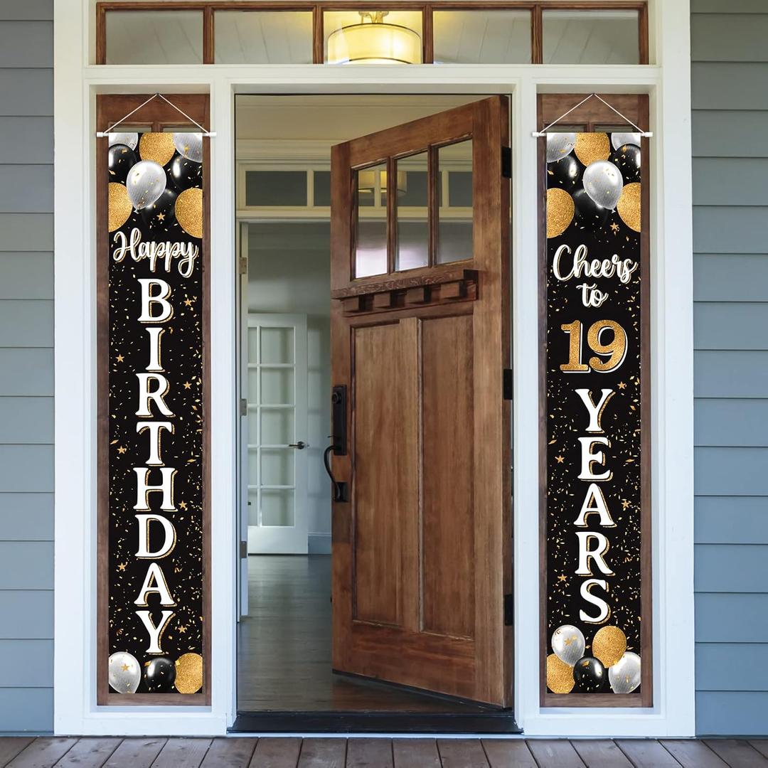 Happy 19th Birthday Decorations,19th Black & Gold Balloon Birthday Theme Door Hanging Banner Sign - Cheers to Nineteen Years Old Bday Party Supplies.