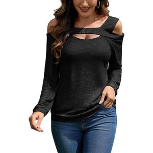 Womens Cold Shoulder Tops V Neck Long Sleeve T-Shirts Off Shoulder Tunic Top Basic Tees Casual Blouse (Large, 1-black)