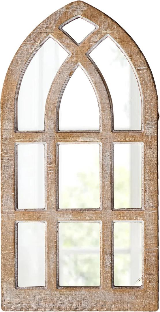Small Rustic Arched Window Mirrors for Wall Decor 8 X 16 Inch, Hanging Farmhouse Cathedral Window Pane Mirror, Distressed Wooden Frame Decorative Mirror for Living Room Hallway Entryway