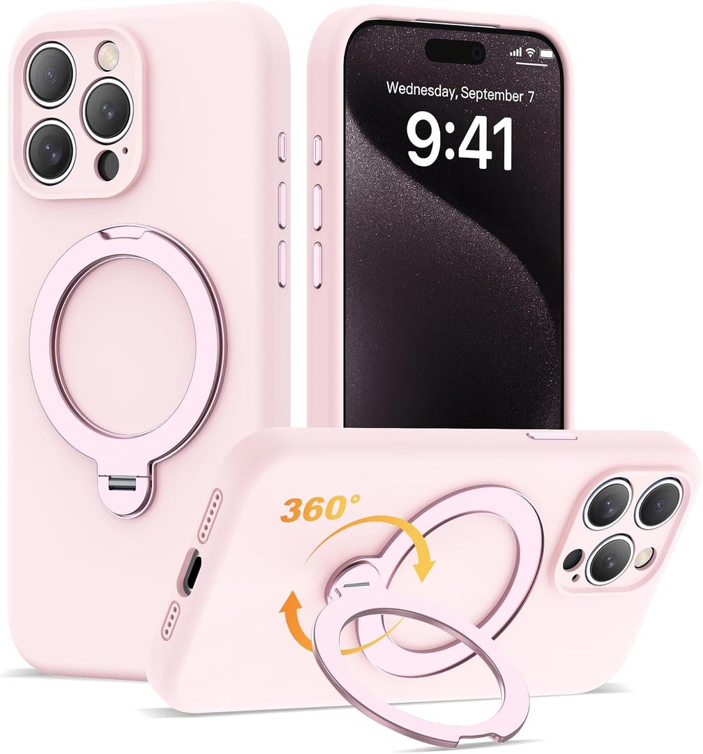 Compatible with iPhone 15 Pro Max Case 6.7'' with 360 Spin Magnetic Ring Stand[Compatible with Mag-Safe] Soft Liquid Silicone 15 Pro Max Case for Men Women,Pink