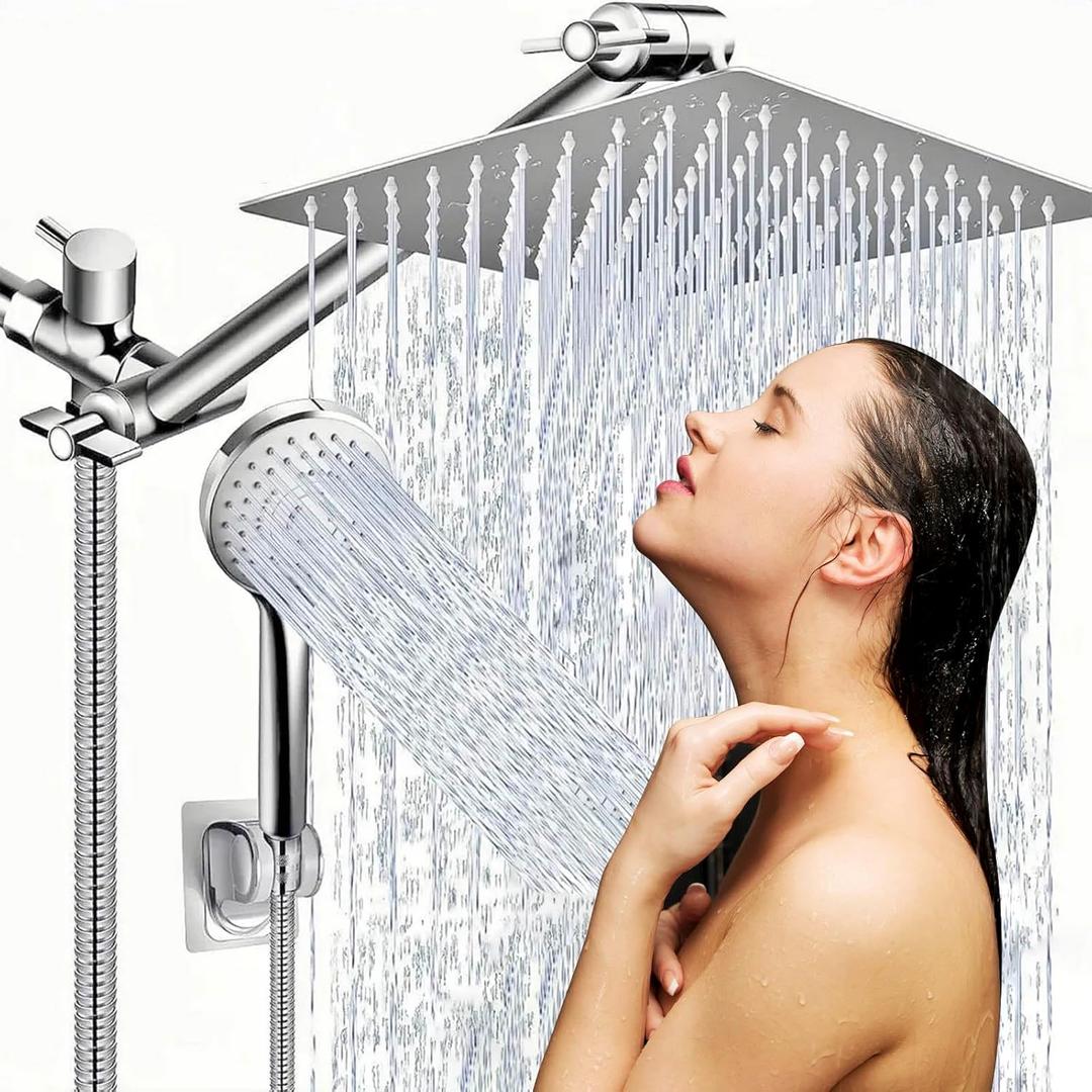 AlenArt 10 inch Rainfall Shower Head Combo Stainless Steel Rain Shower Head with 5 Modes Handheld Water Spray,High Pressure Showerhead with Arm for Bathroom Accessories (Chrome)