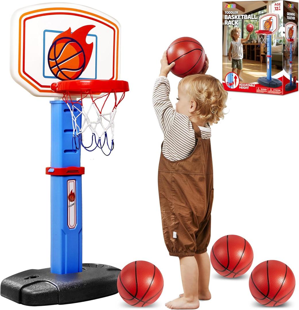 JOYIN Toddler Basketball Hoop Indoor, Adjustable Basketball Goal for Kids with 4 Balls, Game Toys for Playroom Pool Outdoor, Birthday Gift for Baby Boys Girls Age 1 2 3 4,  Air Pump Included, Blue and Orange