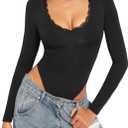 Navneet Women Sexy Deep V Neck Long Sleeve Lace Trim Bodysuit Going Out Fitted Tank Top Body Suits (Black) XS