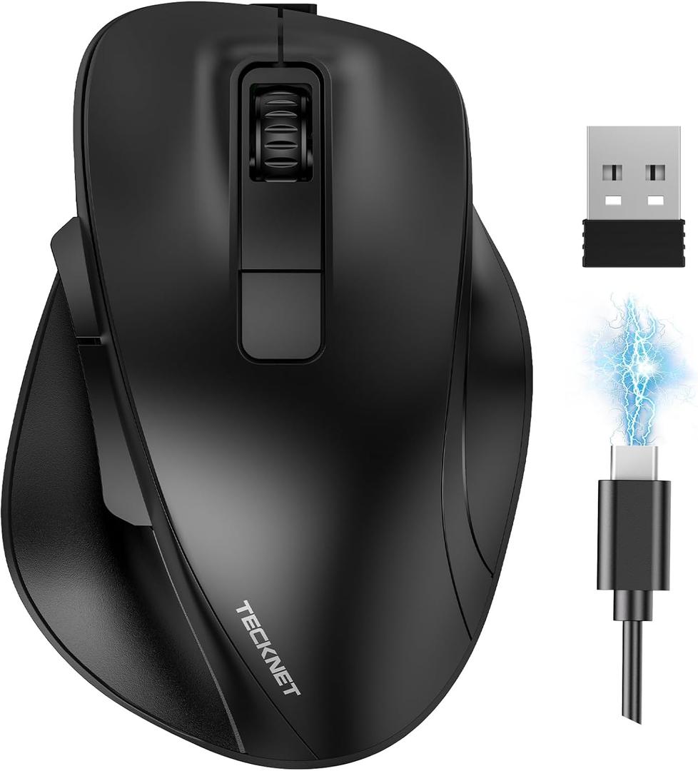 TECKNET Wireless Mouse, Bluetooth Mouse (BT5.0/3.0 & 2.4G) Rechargeable 4800 DPI Silent Mice, Computer Mice with USB A Receiver,Large Sized Ergo Grips Optical Cordless Mice for Laptop/Mac/PC,Black