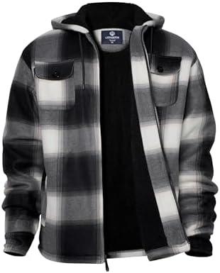 Facitisu Hoodies for Men Sherpa Lined Heavyweight Flannel Jackets Fleece Plaid Winter Warm Coats Black Beige M