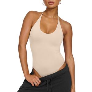 REORIA Bodysuits for Women Sexy Halter Tie Back Deep U Neck Bodysuit Backless Cami Tank Top, Size: Medium