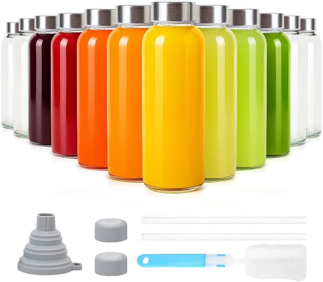 Sursip 10 oz Glass Juice Bottles, 12 Pack with Stainless Steel Lids Reusable Small Glass Bottles for Smoothies, Iced Tea & Milk Leak-Proof, BPA-Free, Dishwasher Safe