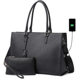 Laptop Bag for Women 17 inch Casual Work Bags with USB Charging Port Laptop Tote Bag with Clutch Purse (Black)