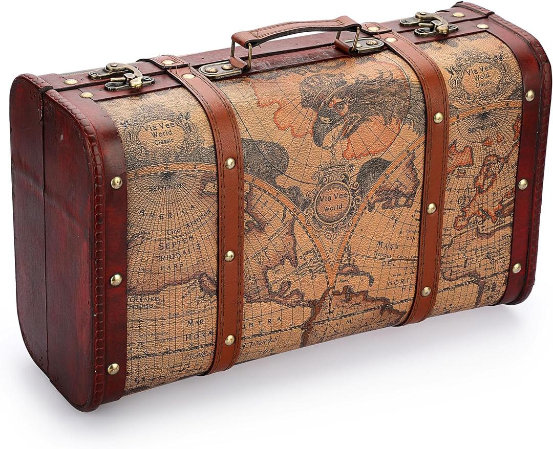 ELLDOO Vintage Wooden Storage Chest, Portable Decorative Luggage Suitcase, Treasure Chest Box with Map Pattern, Pirate Keepsakes Box for Gifts, Chest Storage Box for Decor Storage Travel