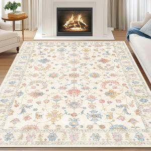 5x7 Area Rug Print Washable for Living Room Low Pile Non Slip Soft Thin Carpet Boho Vintage Floral Rug Stain Resistant for Bedroom Dining Room Kitchen Playroom Creamwhite