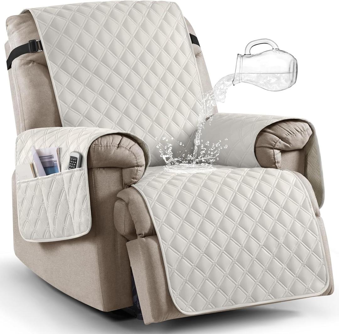 Ruaozz 100% Waterproof Recliner Chair Covers, Non-Slip Reclining Covers for Recliner Chair Washable Chair Cover, Recliner Covers with Pockets for Kids, Dogs, Pets (Beige, 28'')