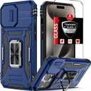 For iPhone 15 Pro Case with 2 Screen Protector,Built-in Slide Camera Cover,for 15Pro Phone Case with Kickstand Ring Shockproof Anti-Scratch Military-Grade Drop Heavy Duty Protection, Dark Blue