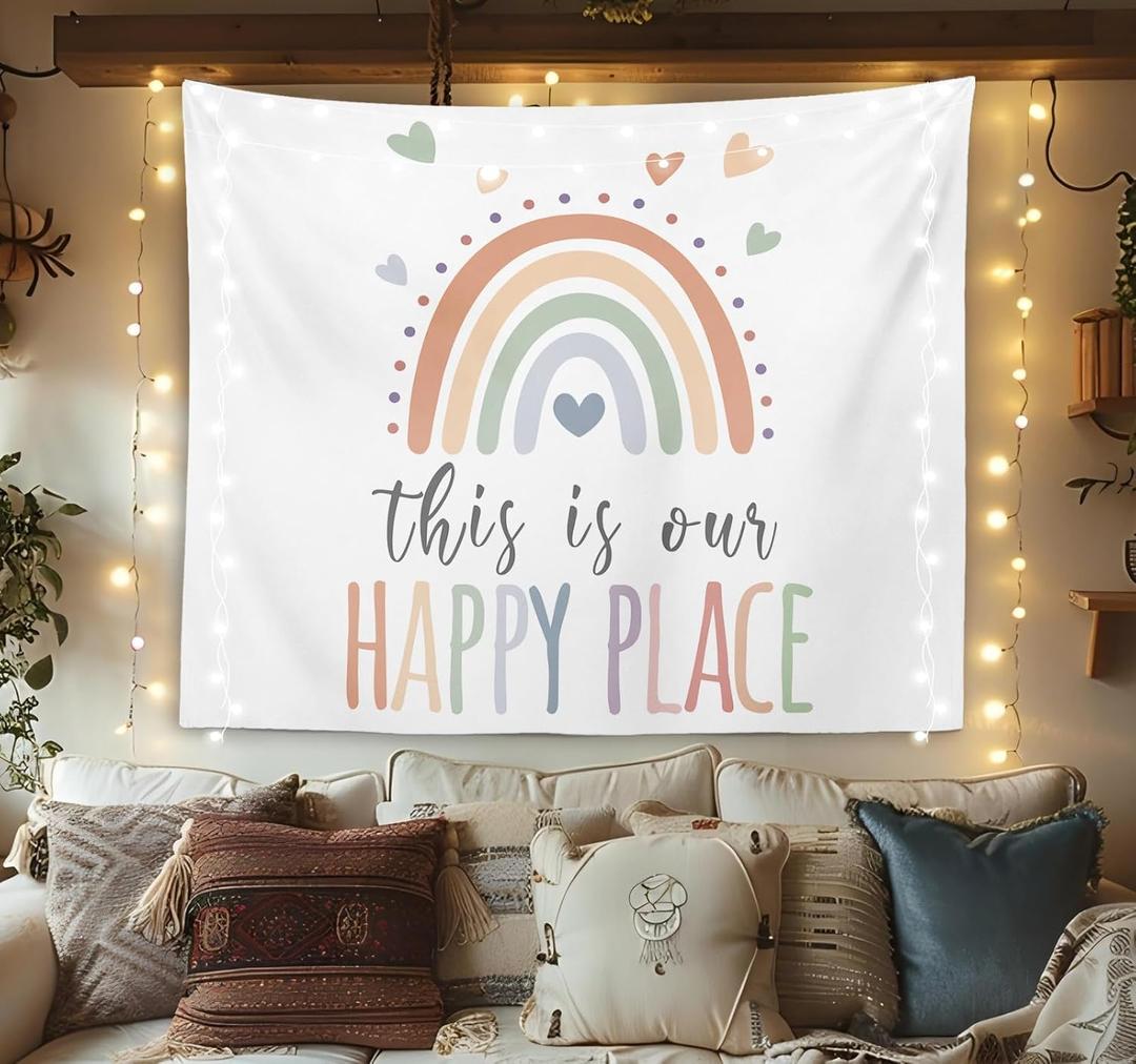 OXW Classroom Decor Kids Tapestry Wall Hanging, Playroom Decor, Nursery Wall Decor for Kids, Classroom Decorations, This Is Our Happy Place, Rainbow Tapestry for Toddler Room Reading Corner, 50x60 inches