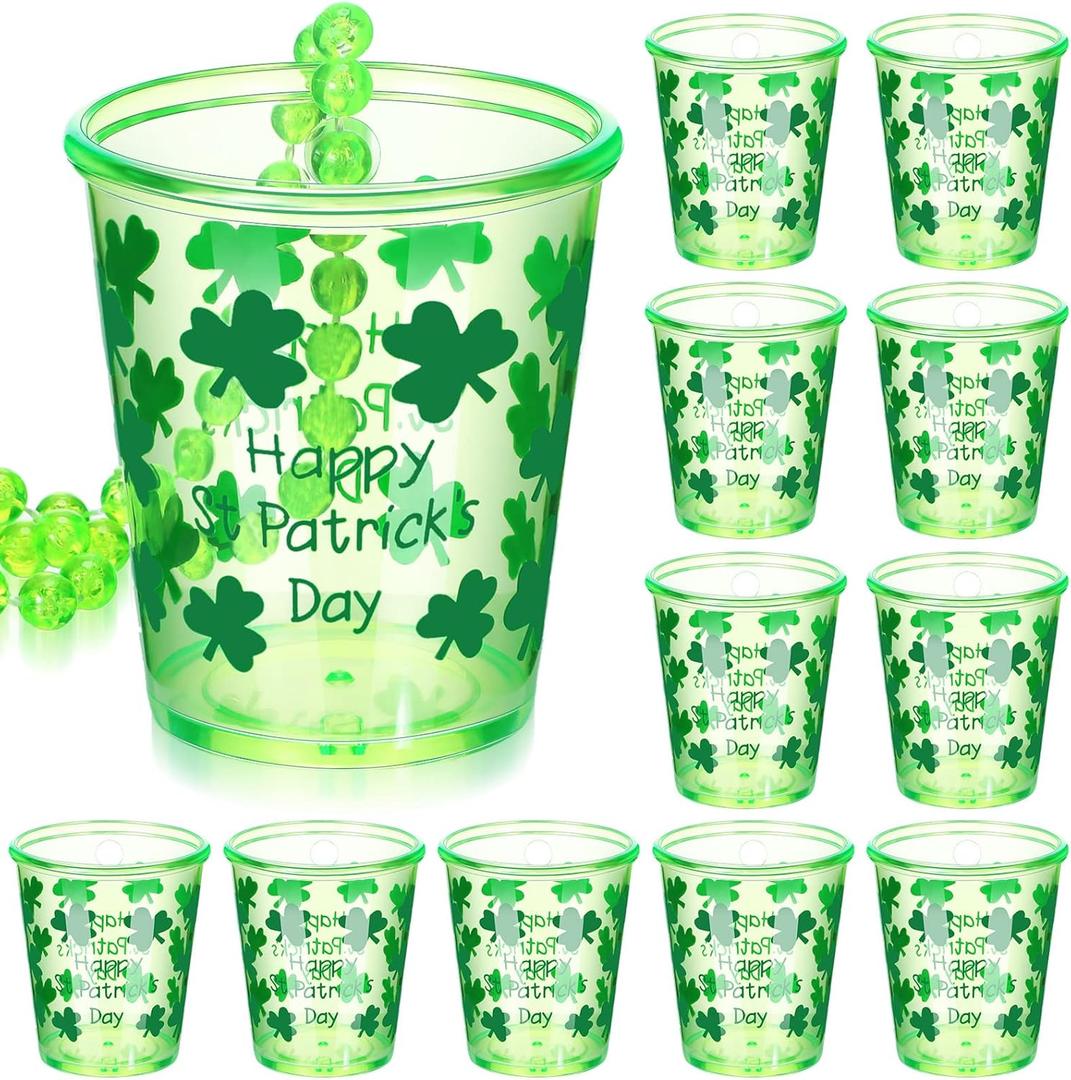 12 Pcs St. Patrick's Day Shot Glass Necklace Green Shamrock Shot Glass on Beaded Necklace Plastic Disposable Shot Necklace Cups for Saint Patrick's Day Party Decorations Festival Supplies