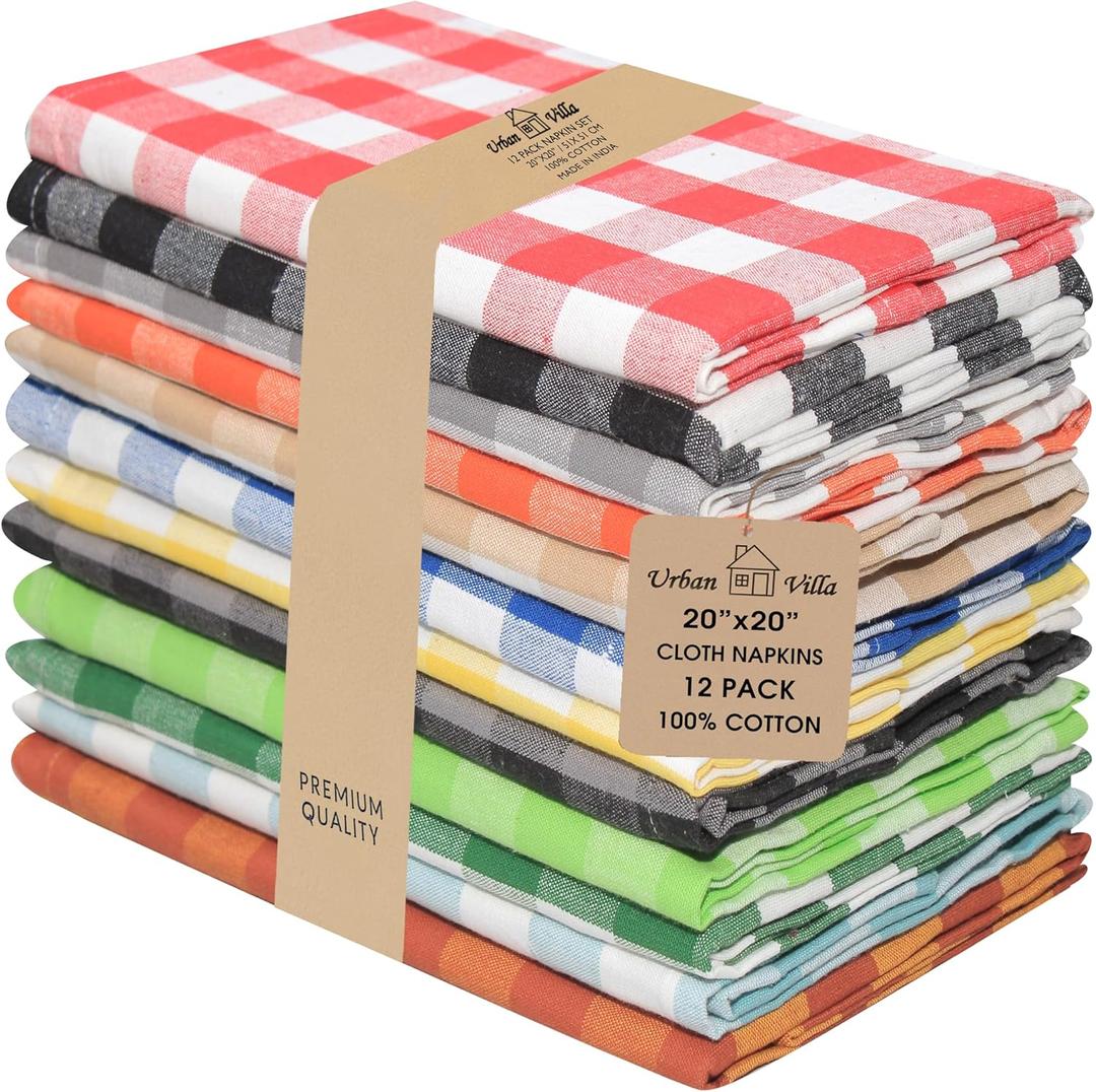 Urban Villa Cloth Napkins Set of 12 20x20 Inches 100% Cotton Napkins Cloth Washable Durable Reusable Absorbent Table Dinner Napkins Cloth for Hotel Lunch Restaurant Weddings Parties Multi Checks