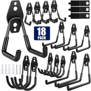 18 Pack Garage Hooks, Anti-Slip Coating, Hooks for Hanging Heavy Duty for Garages, Bicycles, Ladders, Gardening, Tools, Including 3 Organizing Straps