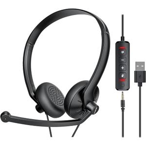 USB Headset with Microphone for PC Laptop - Wired Computer Headphones with Noise Cancelling Microphone for Home Office Online Class Skype Zoom Meetings,in Line Mute Controls (Black)