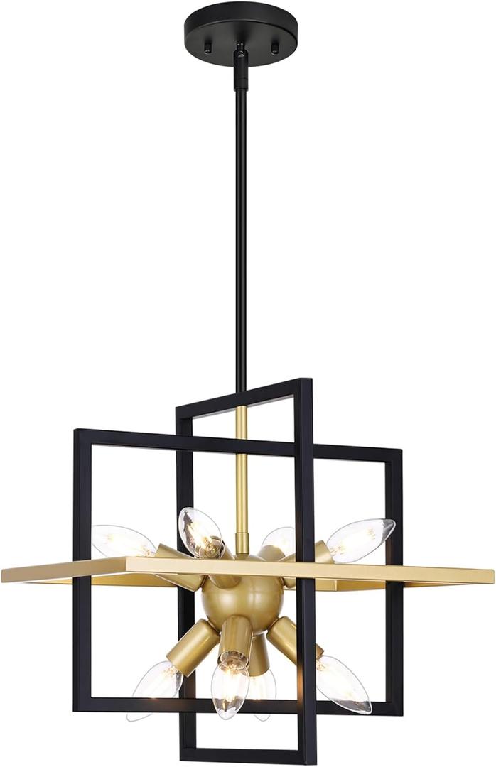 Small Black Gold Chandelier, Modern 8-Light Geometric Pendant Light Fixture, Industrial Square Hanging Chandelier for Dining Room, Kitchen Island, Foyer, Hallway