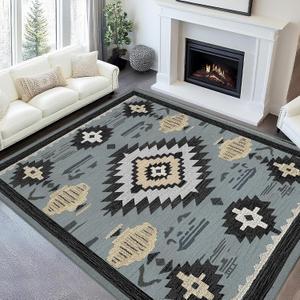 Western Area Rug 4x6 for Living Room Southwestern Aztec Rugs Machine Washable Tribal Navajo Southwest Rug Non Slip Printed Low-Pile Indoor Floor Carpet for Dining Room Bedroom Office, Blue Gray