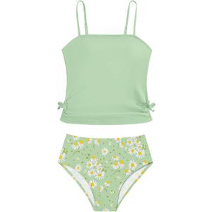 Girls Tankini Swimsuits Two Piece Bathing Suit Drawstring Swimwear Set for Girls 13-14 Years (Green-Daisy)