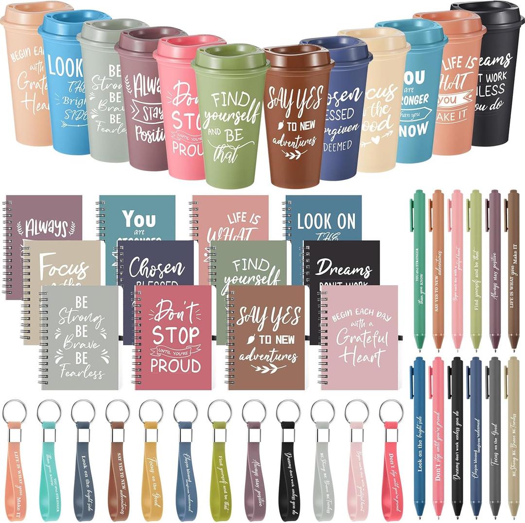 Skylety 12 Sets/48 Pcs Employee Appreciation Gifts 16oz Inspirational Plastic Cups Spiral Notebooks Ballpoint Pens Keychains Bulk Thank You Cup for Employee Coworker Appreciation Gift (Morandi Color)