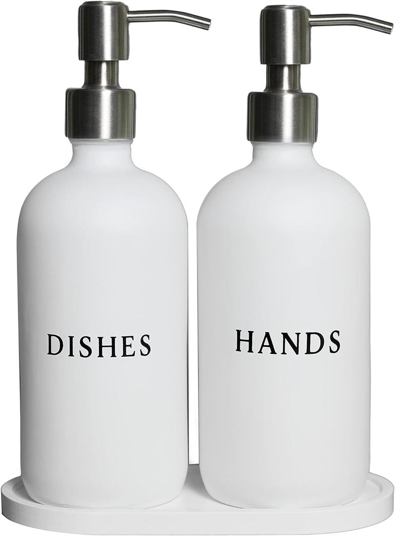 White Glass Hand and Dish Soap Dispenser Set - Modern Farmhouse Sink Accessories - 16 oz Kitchen Sink Set With Tray, Stainless Pumps & Funnel