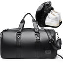 Leather Duffle Travel Gym Bag for Men with Shoe Compartment, 32L PU Leather Weekender Waterproof Overnight Bag Gym Sports Carry-On Black