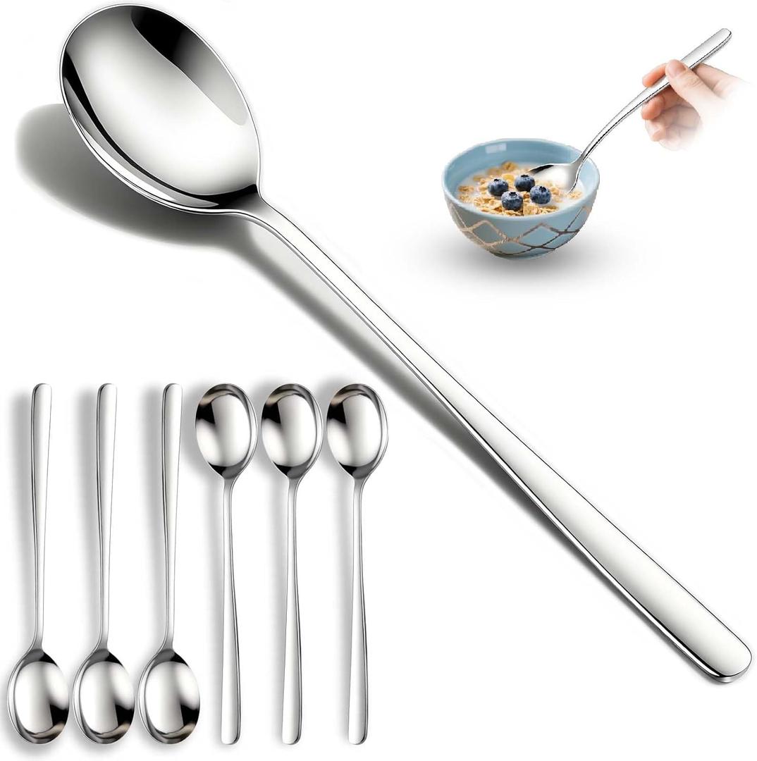 Set of 6 Premium Korean Soup Spoons, 8 Inch 18/10 Stainless Steel Long Handle Rice and Asian Spoon for Home, Kitchen, Restaurant, Cafe, Dishwasher Safe