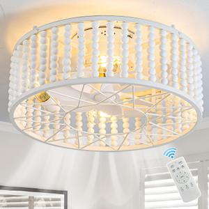 20 Inch Wood Beaded Ceiling Fan with Lights Remote Control Flush Mount,Boho Ceiling Fan Caged Low Profile Fandelier for Bedroom,Dining Room,Living Room,White