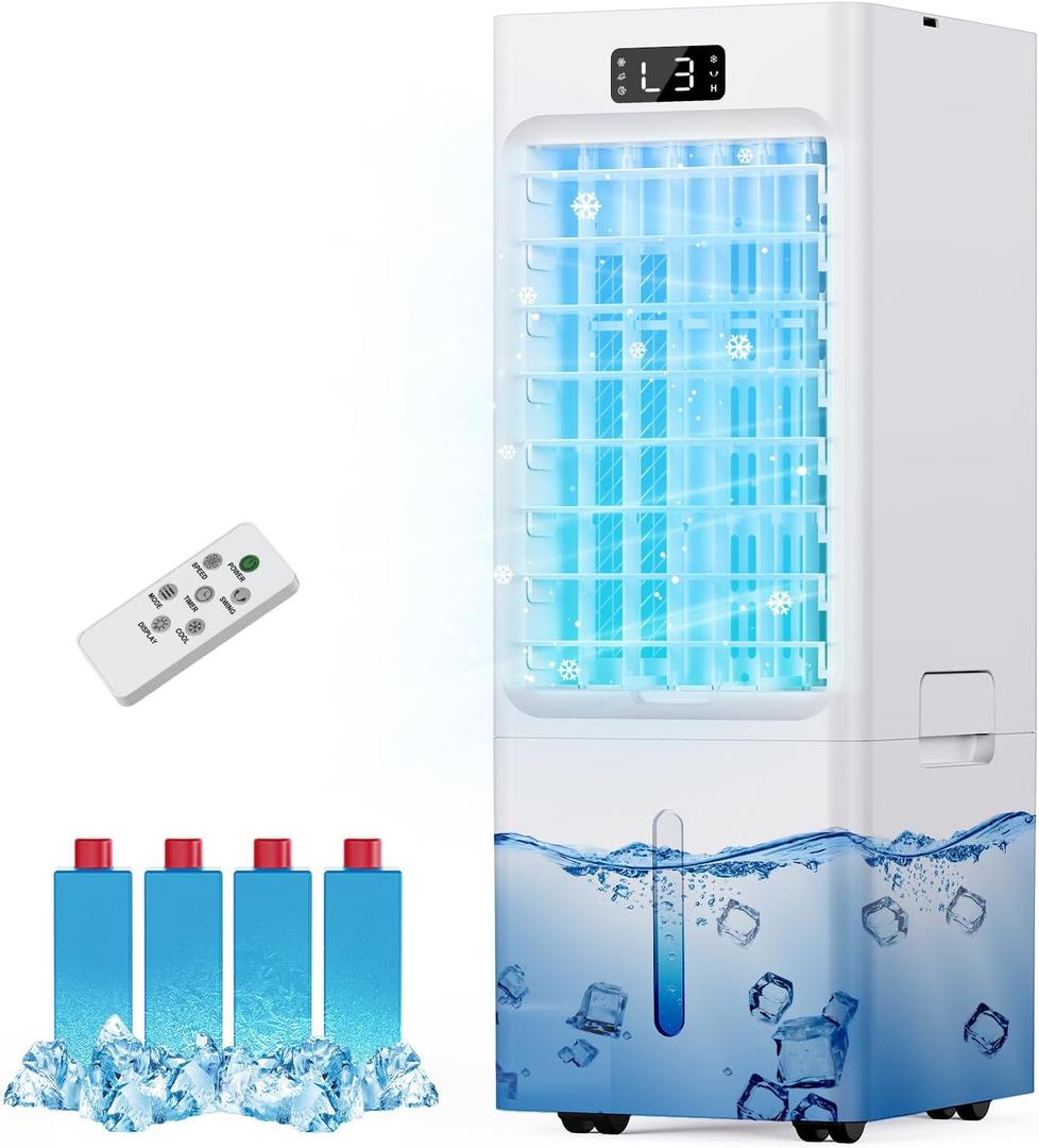 Windowless Portable Air Conditioners, 3-IN-1 Evaporative Air Cooler, 6L Swamp Cooler with 4 Ice Packs, 4 Modes & 3 Speeds, Auto Oscillating, 12H Timer, 17FT Remote, Cooling Fan for Home