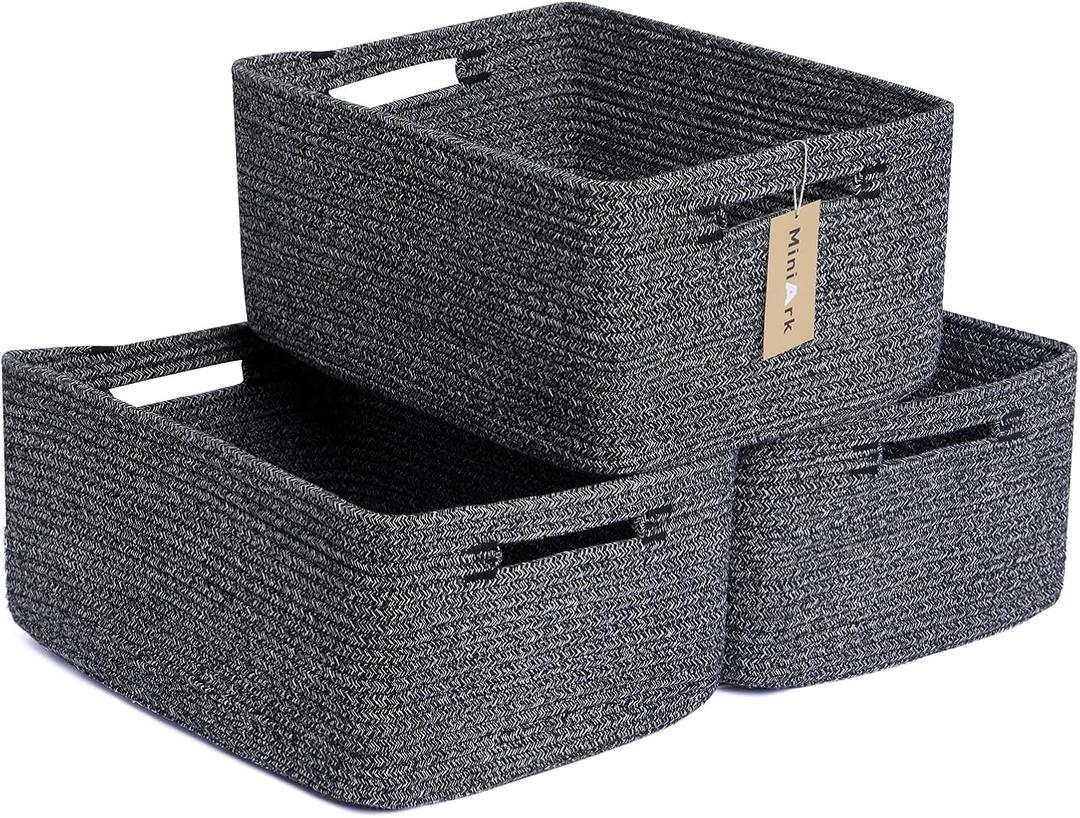 MiniArk Large Storage Baskets for Shelves, Closet Organizers Bins for Clothes Blanket Towels, Baby Nursery, Toy Baskets Box, Woven Rope Baskets, 17 x 13 x 7.5, 3 Packs Dark Gray