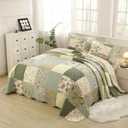 vctops Boho Patchwork Cotton Quilted Bedspread Quilt Set Queen Size 3 Pieces Soft Reversible Lightweight Coverlet Set Floral Print 1 Quilt and 2 Pillow Shams (Green D,Queen)