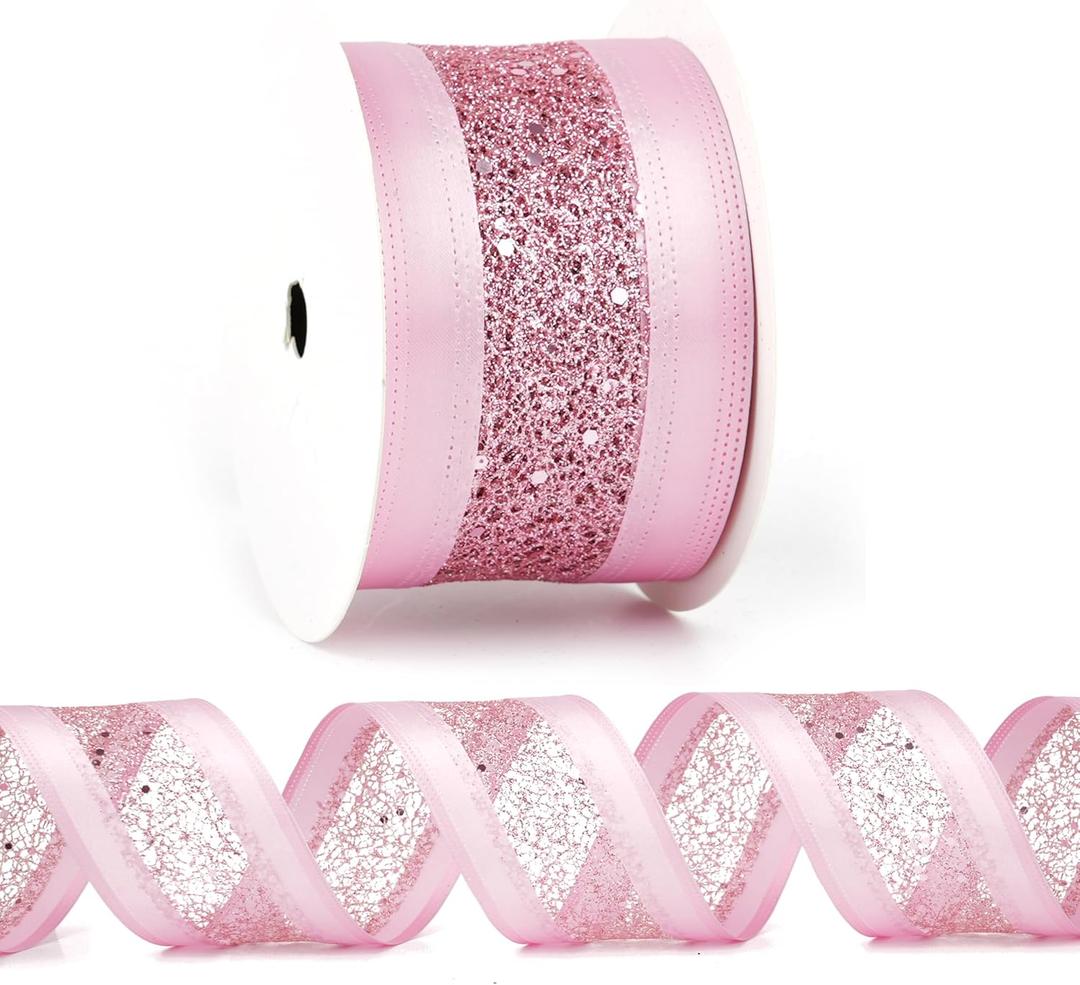 Pink Wired Satin Ribbon 2.5" X 10 Yards With Glitter Mesh for Christmas Tree Decorations, Gift Wrapping, Wreaths, Garlands, Topper Bows, Crafts, Home Decor