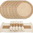Handmade Boho Placemats Set of 6 - Natural Cotton Burlap and Water Straw Woven Combination Table Mats, Macrame Dcor and Farmhouse Style Placemats, for Dining Table Kitchen
