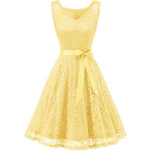 Dressystar Women Floral Lace Bridesmaid Party Dress Short Prom Dress V Neck (Yellow, Medium)