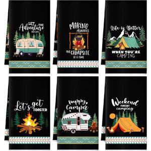 Boyiee 6 Pcs Camping Kitchen Towels Black Absorbent Dish Towels Bonfire Tent Car Tea Towels 24 x 16 Inches with Funny Sayings Novelty Gifts for Campers Happy Camper Camping Accessories for RV Campers