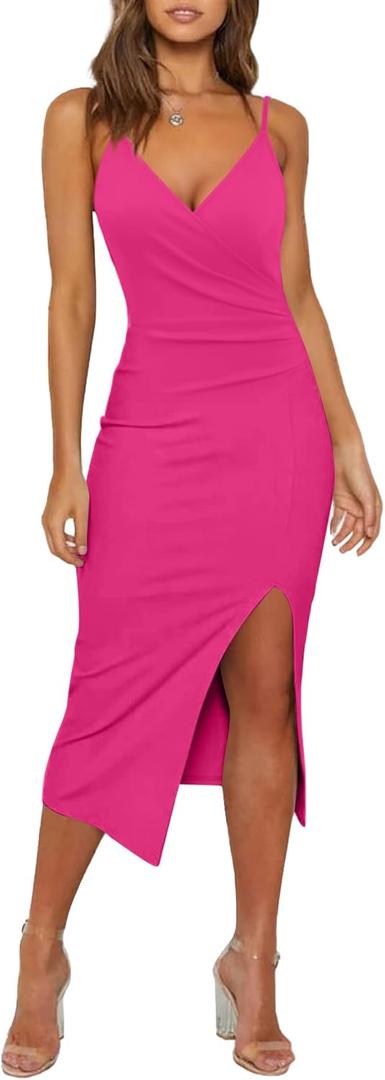 WAYMAKER Women's Sexy V Neck Spaghetti Strap Sleeveless Wrap Ruched Side Slit Bodycon Cocktail Party Wedding Guest Dress (Medium, Hot Pink)