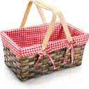 Yesland Small Picnic Basket, Woven Basket with Double Folding Handles, Wicker Basket & Organizer Blanket Storage with Red and White Liner for Egg Gathering, Wedding, Candy (13.5 x 8.25 x 6.5 Inches)