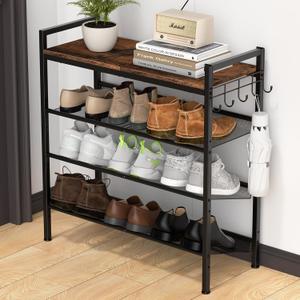 Refrze Shoe Rack for Front Door Entrance, 4 Tier Height-Adjustable Metal Shoe Rack, Sturdy Wooden Top and Tiltable Steel Frame Heavy Duty Shoe Organizer for Bathroom, Bedroom, KitchenInclude Hook (4-Tier (11.8"D x 29.1"Wx 30.7"H), Brown + Black)