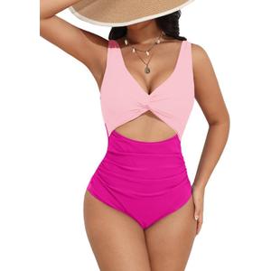 AI'MAGE Women's One Piece Swimsuit High Waisted Bathing Suit Cutout Monokini V Neck Swimwear (Pink)