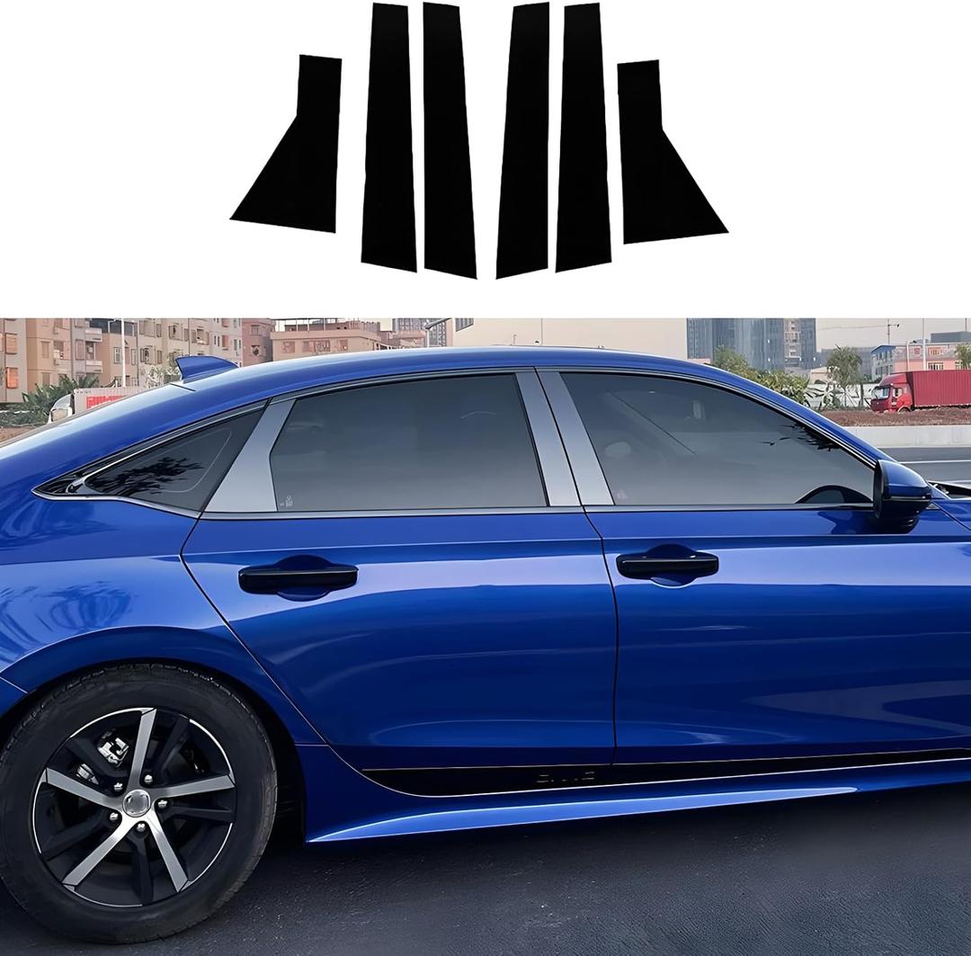 6 PCS Stainless Steel Glossy Black Window Pillar Post Trims for Honda 11th Gen Civic 4-Door Sedan 2022 2023 2024 2025,Body Exterior Accessories,Window Center Pillar Decorative Decals