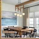 Farmhouse Wooden L24'' Chandelier Rustic Oak Wood Pendant Lights Mid Century 4-Light Milk Glass Globe Pendant Chandelier for Dining Room Kitchen Foyer Entryway Bedroom, G9