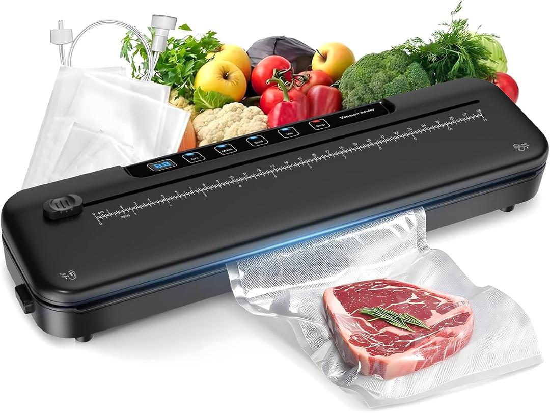 Vacuum Sealer Machine for Food Preservation, 6-in-1 Food Sealer for Freshness Storage, 75kpa Compact Vacuum Sealing Machine with External Sliding Blade, Digital Countdown Timer Black