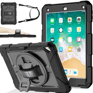 BMOUO Case for iPad 6th/5th Generation Case (9.7 inch, 2018/2017), 360°Rotating Stand, Hand/Shoulder Strap Shockproof iPad 9.7” Case for iPad Air 2, Black