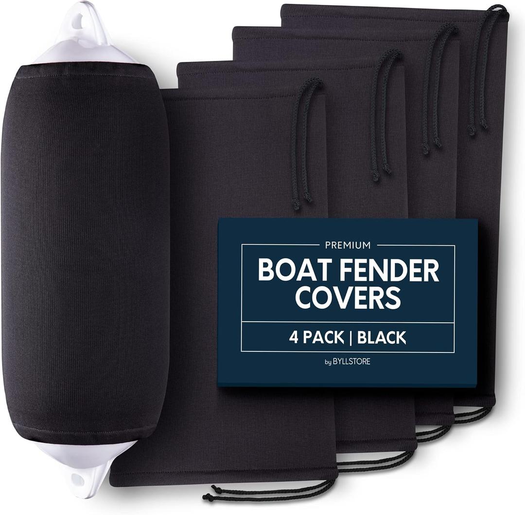 Boat Fender Covers | Black & Navy Blue | 1, 2 & 4-Pack | Polyester (4-Pack, Black, 12 x 34)