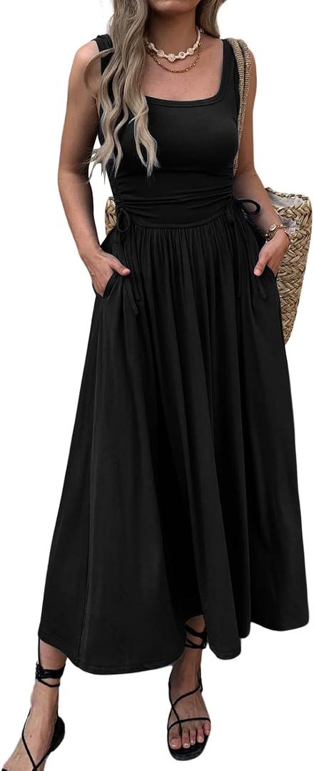 Mieazom Womens Boho Summer Maxi Dress with Pockets, Adjustable Waist, Sleeveless Casual Ruched Sundress for Beach Vacation (Black, XL)