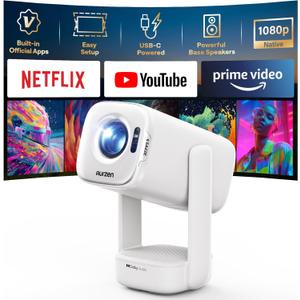 Aurzen D1 air Smart Portable Projector with WiFi and Bluetooth, USB-C Powered, Easy Auto Setup, 16W Dolby Audio, Built-in Official Apps, Native 1080P HDR10, Outdoor Movie Projector 4K Supported, White