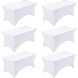 Fixwal 6 Pack 8ft Spandex Table Covers for 8 Foot Tables, Fitted Tablecloths Rectangle Folding Tables, Stretch Rectangular Table Cloths for Wedding, Banquet, Party (White, 96L x 30W x 30H Inch)