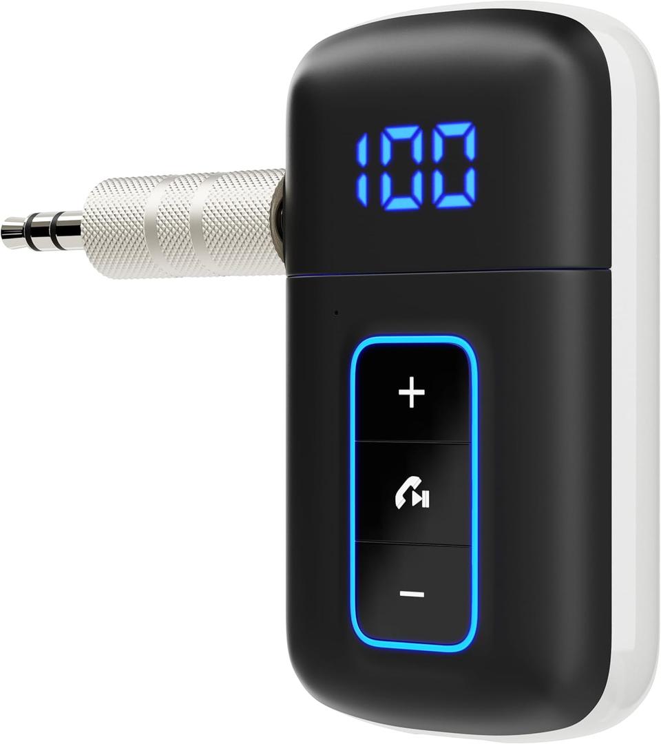 Bluetooth 5.3 Receiver for Car, [LED Screen] [Noise Cancelling] 3.5mm AUX Bluetooth Adapter, Wireless Audio Receiver for Wired Headphones/Home Stereo/Speaker, Music Playing, Hands-Free Call